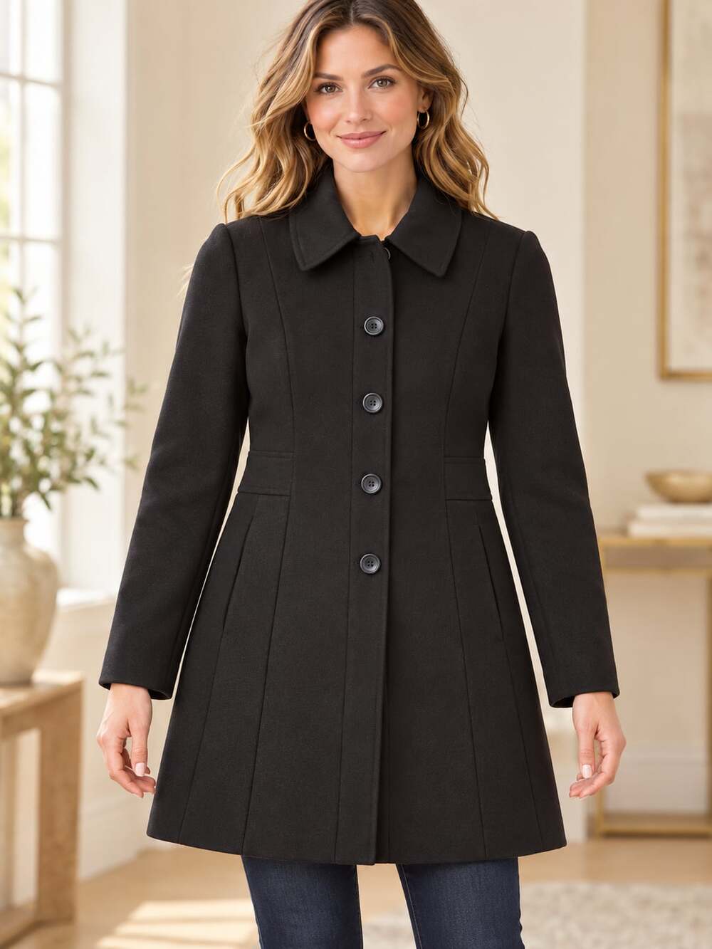 Ann Taylor LOFT Black Tailored Button Front Coat Lined Back Belt Size 10